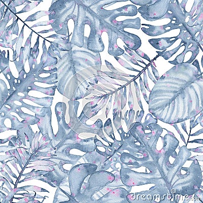 Watercolor tropical seamless pattern hand painted with leaves of indigo palm monstera Cartoon Illustration