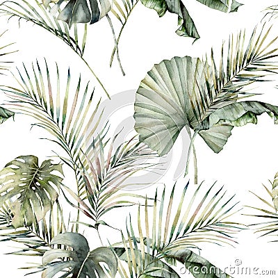 Watercolor tropical seamless pattern with monstera, banana and coconut leaves. Hand painted palm leaves isolated on Cartoon Illustration