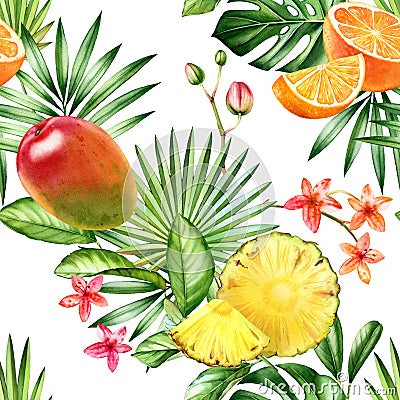 Watercolor tropical seamless pattern. Orange, mango an ananas fruits. Exotic fruits and palm leaves isolated on white Cartoon Illustration