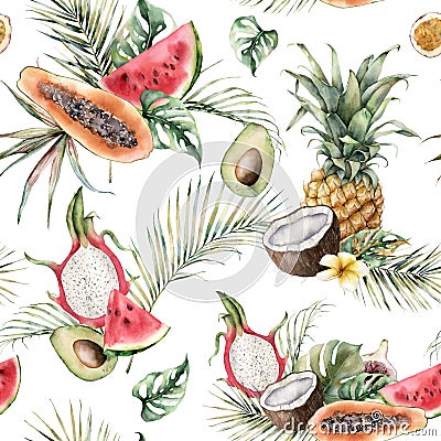 Watercolor tropical seamless pattern with pineapple, papaya, dragon fruit, watermelon and coconut. Hand painted fruits Cartoon Illustration