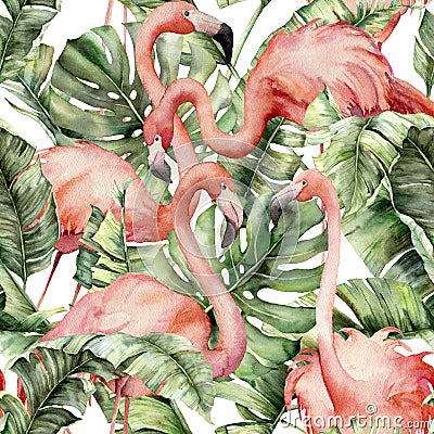 Watercolor tropical seamless pattern with pink flamingo and banana leaves. Hand painted birds and jungle palm leaves Cartoon Illustration