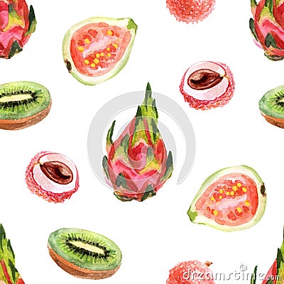 Watercolor tropical seamless pattern with pitahaya on a white background Stock Photo