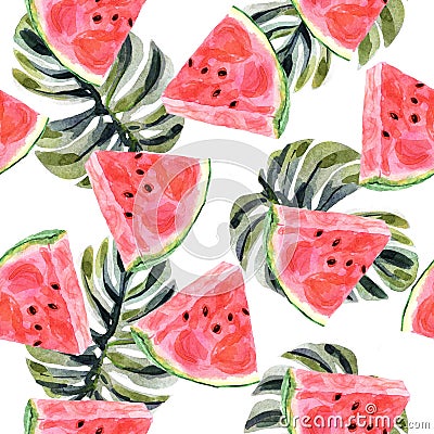 Watercolor tropical seamless pattern with watermelon on a white background Stock Photo