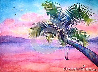 Watercolor tropical sunset landscape with the palm Stock Photo