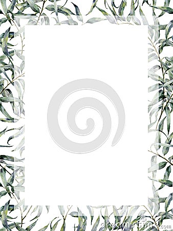 Watercolor tropical vertical frame with eucalyptus leaves. Hand painted floral illustration with branch isolated on Cartoon Illustration