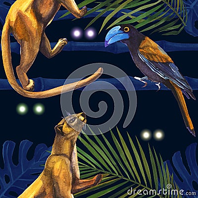 Watercolor tropical wildlife seamless pattern. Hand Drawn jungle nature, lemur, hibiscus flowers illustration. Print for textile, Cartoon Illustration