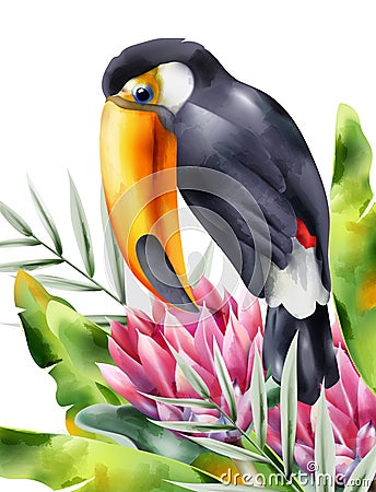 Watercolor tucano bird sitting in tropical flowers and green leaves Vector Illustration