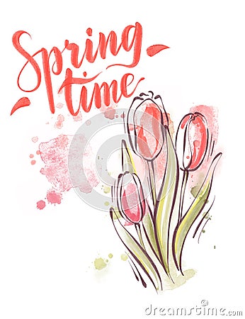 Watercolor tulips and lettering spring time Stock Photo