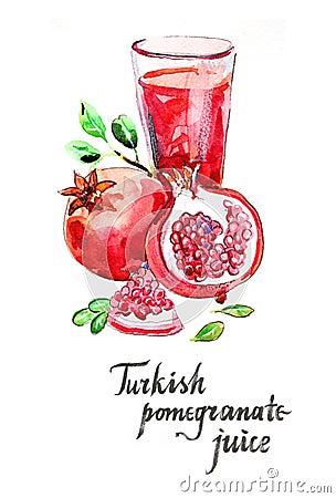 Watercolor turkish pomegranate juice Stock Photo