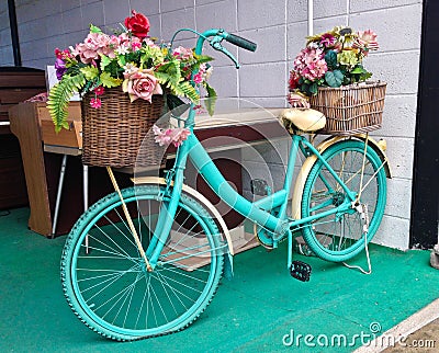 Watercolor Turquoise Bicycle With Beautiful Flower Basket Stock Photo