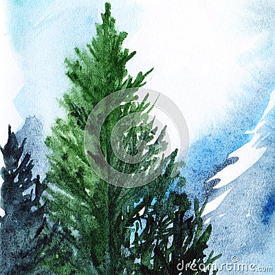 Watercolor turquoise winter wood forest pine landscape Stock Photo