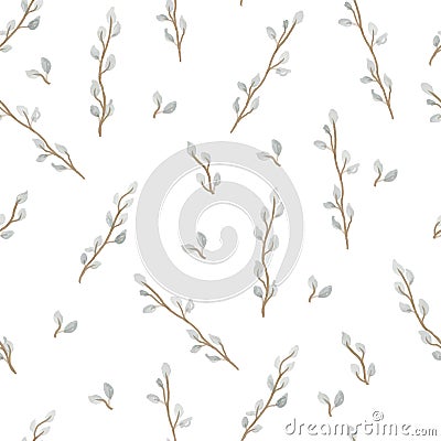Watercolor twigs pattern. Seamless floral texture with branches, flower leaves. Vector Illustration