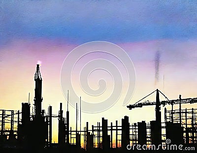 Watercolor of Twilight silhouette of huge construction site Stock Photo