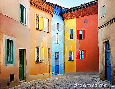 Watercolor of typical Street Colorful Stock Photo