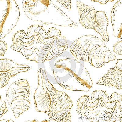 Watercolor uderwater seamless pattern with gold linear shells. Hand painted llustration isolated on white background for Stock Photo