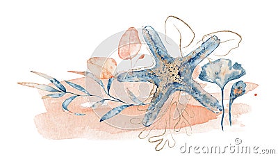 Watercolor underwater floral bouquet with starfish, hand drawn illustration Cartoon Illustration