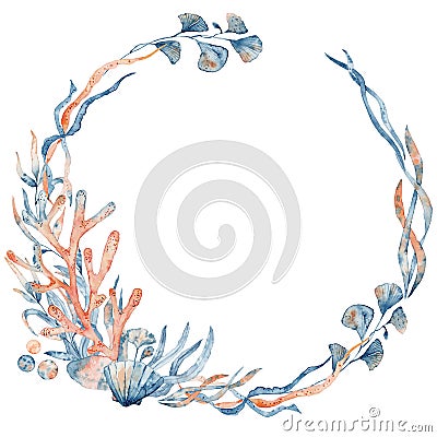 Watercolor underwater floral wreath with corals and leaves, hand drawn illustration Cartoon Illustration