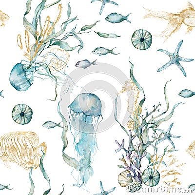 Watercolor underwater seamless pattern of gold fish, seahorse, laminaria and coral. Underwater animals and plant Cartoon Illustration
