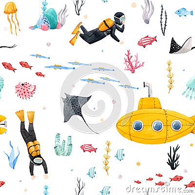 Watercolor underwater submarine pattern Cartoon Illustration