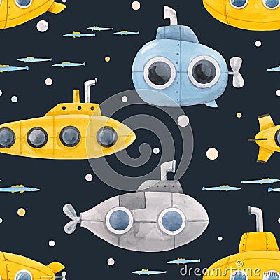 Watercolor underwater submarine vector pattern Vector Illustration