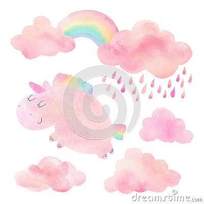 Watercolor unicorn and clouds with rain and rainbow Stock Photo