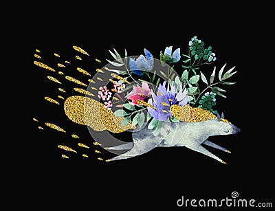 Watercolor unicorn and flowers on black background Stock Photo