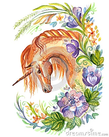 Watercolor unicorn in flowers 6 Cartoon Illustration