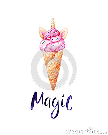 Watercolor unicorn ice cream card. Unicorns are real. For design, print or background Stock Photo