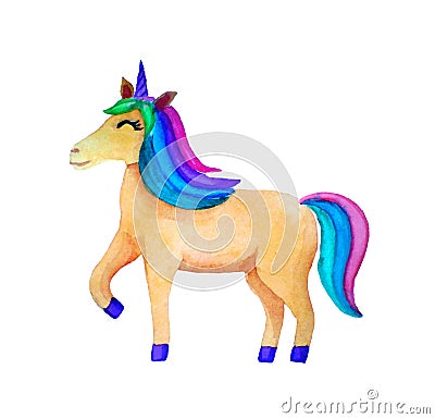 Watercolor unicorn illustration, fairy tale creature, rainbow hair, cartoon animal clip art, isolated on white background Cartoon Illustration