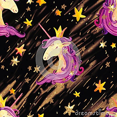 Watercolor unicorn seamless pattern. Cartoon Illustration