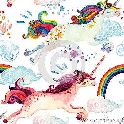 Watercolor unicorn seamless pattern Stock Photo