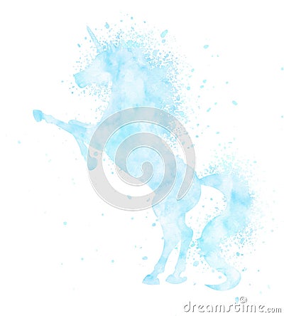 Watercolor unicorn silhouette painting with splatter isolated on white background. Blue magic creature illustration Cartoon Illustration