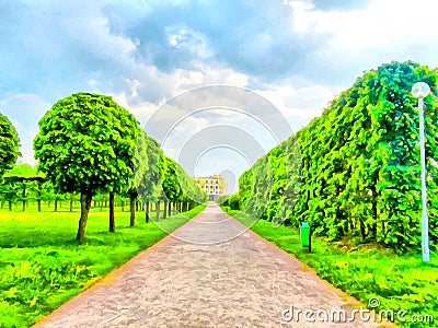 Watercolor of urban landscape, landscape Park. An alley of a landscape Park, smooth rows of trimmed trees.. Digital painting - Cartoon Illustration