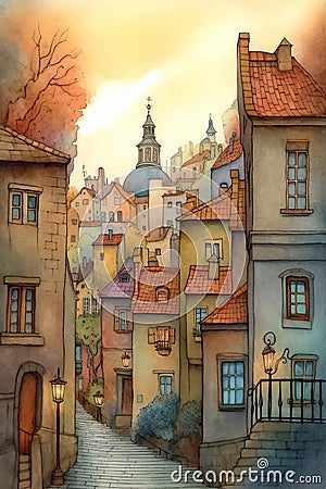 Watercolor urban scenery of street in old town of European. Cute cartoon illustration. Generative AI Cartoon Illustration