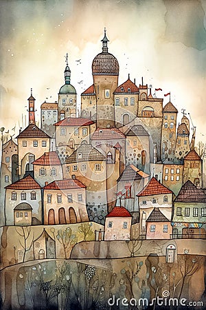 Watercolor urban sketch of Old Town of European. Cute cartoon illustration. Generative AI Cartoon Illustration