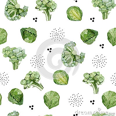 Watercolor Ñute seamless pattern vegeterian healthy food. Hand painted vegetable Brussels sprouts, Broccoli for kids. Stock Photo