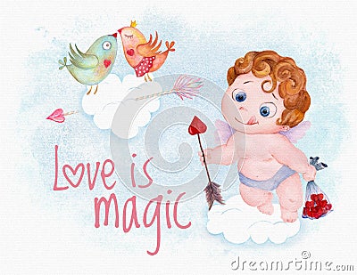 Watercolor Valentine Day cupid angel Stock Photo