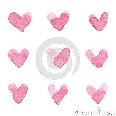 Watercolor Valentine pink hearts. Vector Vector Illustration