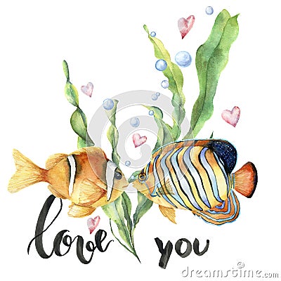 Watercolor Valentine`s Day card with tropical fishes. Hand painted laminaria leaves and branch, two fishes, air bubbles Stock Photo