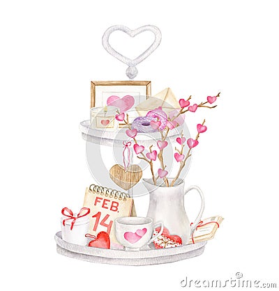 Watercolor Valentine's day decoration. Hand painted tiered tray illustration with cute decor isolated on white Cartoon Illustration