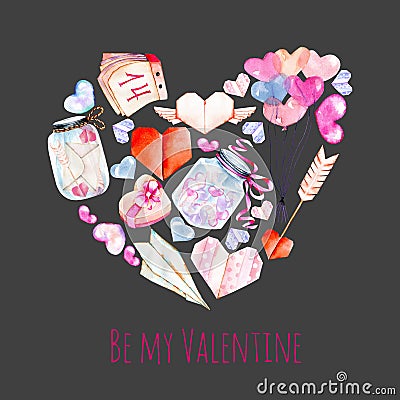 Watercolor Valentine`s Day elements Heart illustration from hearts, origami, arrow, gift box, air balloons Cartoon Illustration