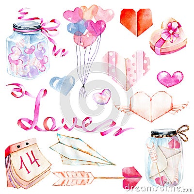 Watercolor Valentine`s Day elements set: heart, origami, arrow, gift box, air balloons Stock Photo