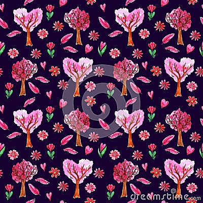 Watercolor Valentine`s day Seamless pattern Cartoon Illustration