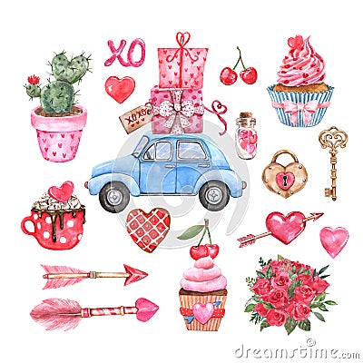 Watercolor Valentines day collection. Hand drawn hearts, retro delivery car with special gifts, cupid arrow, cacti, cupcake, key Cartoon Illustration