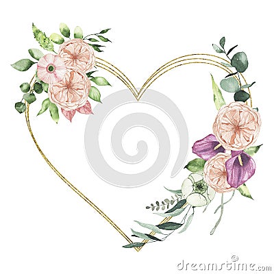 Watercolor Valentines Day floral golden geometrical heart wreath with calla lily rose greenery Cartoon Illustration