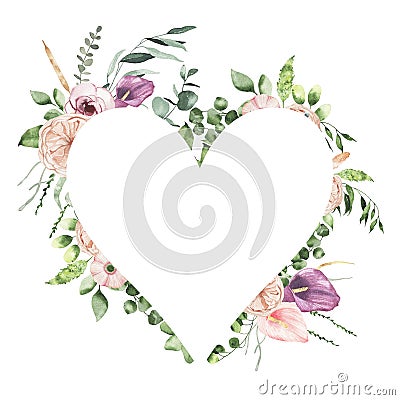 Watercolor Valentines Day floral heart frame with calla lily rose greenery leaves isolated Cartoon Illustration