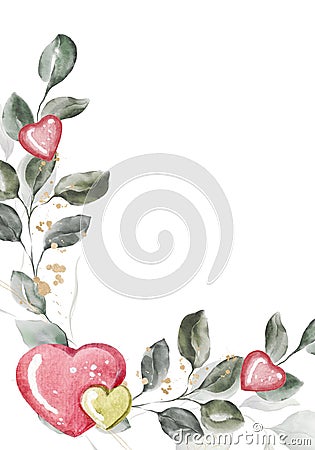 Watercolor Valentines Day frame with hearts and greenery leaves isolated on white background. Floral frame bohemian boho Cartoon Illustration