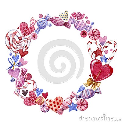 Watercolor Valentines Day frame. sweets and hearts. Stock Photo