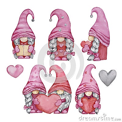 Watercolor Valentines Day, gnomes Stock Photo