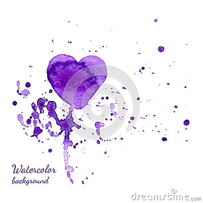 Watercolor Valentines Day Heart with a hand-drawn painted violet watercolor heart with violet and pink splashes Vector Illustration